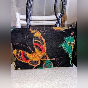 Bueno Black Velvet/Velour Shoulder Bag With Vibrant Butterfly Details